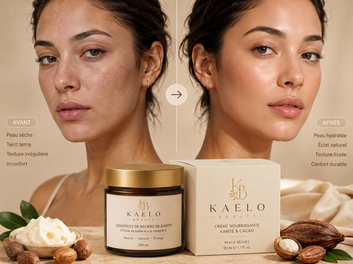 Comparaison avant/après sur peau claire avec la Chantilly de beurre de karité KAELO